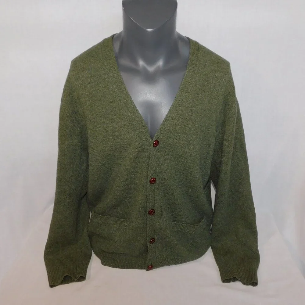 Grant Thomas Mens XL Green V neck 100% Wool Cardigan Grandpa Sweater - Picture 1 of 12